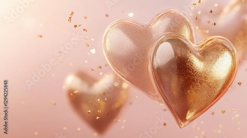 Beautiful golden hearts elegantly intertwined with sparkling glitter, floating against a gentle gradient of light pink and soft peach. 