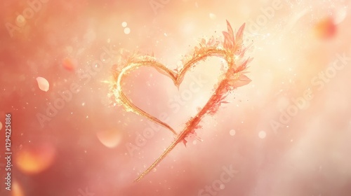 Cupid arrow, shaped like a heart, floating through a soft blush pink background with gold and coral accents.