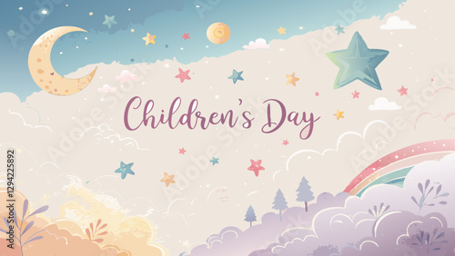 Dreamy watercolor gradient background, light pastel colors with soft clouds and stars, creating a magical and enchanting feel for Children’s Day with copy space  