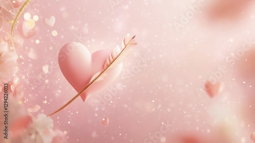 Cupid arrow, shaped like a heart, floating through a soft blush pink background with gold and coral accents.