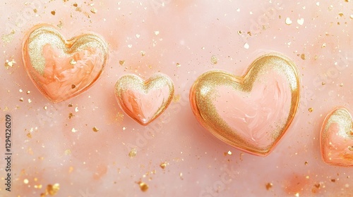 Elegant golden hearts float gently over a soft pastel gradient of light pink and peach, intertwined with sparkling glitter.