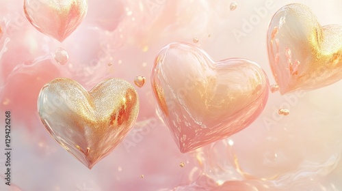 Elegant golden hearts float gently over a soft pastel gradient of light pink and peach, intertwined with sparkling glitter.