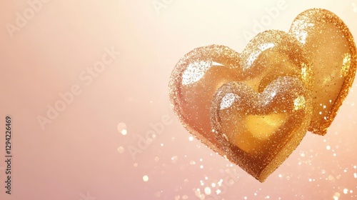 Elegant golden hearts intertwined with delicate glittering sparkles float gently against a light pink to peach gradient background.
