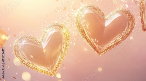 Elegant golden hearts intertwined with delicate glittering sparkles float gently against a light pink to peach gradient background.