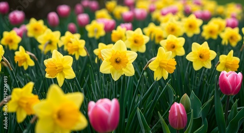 Field of Daffodils and Tulips Blooming in Spring Sunlight - Easter Floral Bloom and Renewal