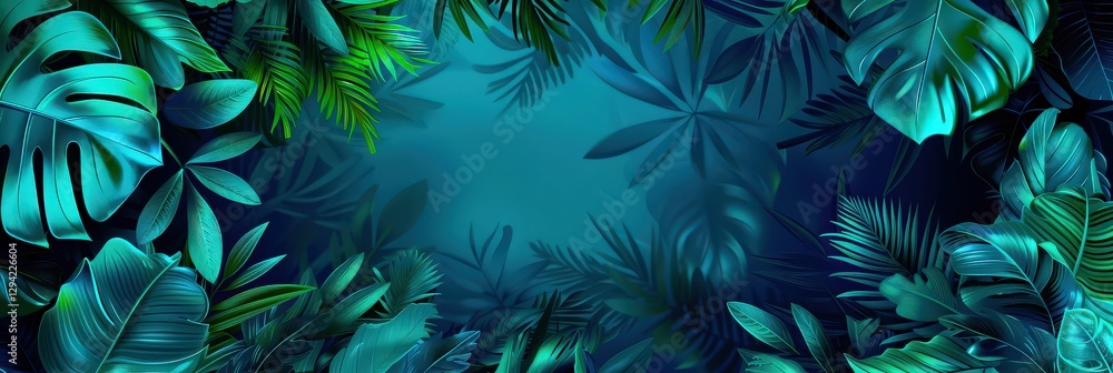 Green and blue neon light with tropical leaves. Stylish fashion banner. Green and blue neon light with tropical leaves. Stylish fashion banner.