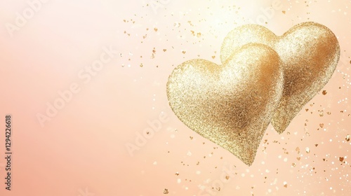 Elegant golden hearts intertwined with delicate glittering sparkles float gently against a light pink to peach gradient background.