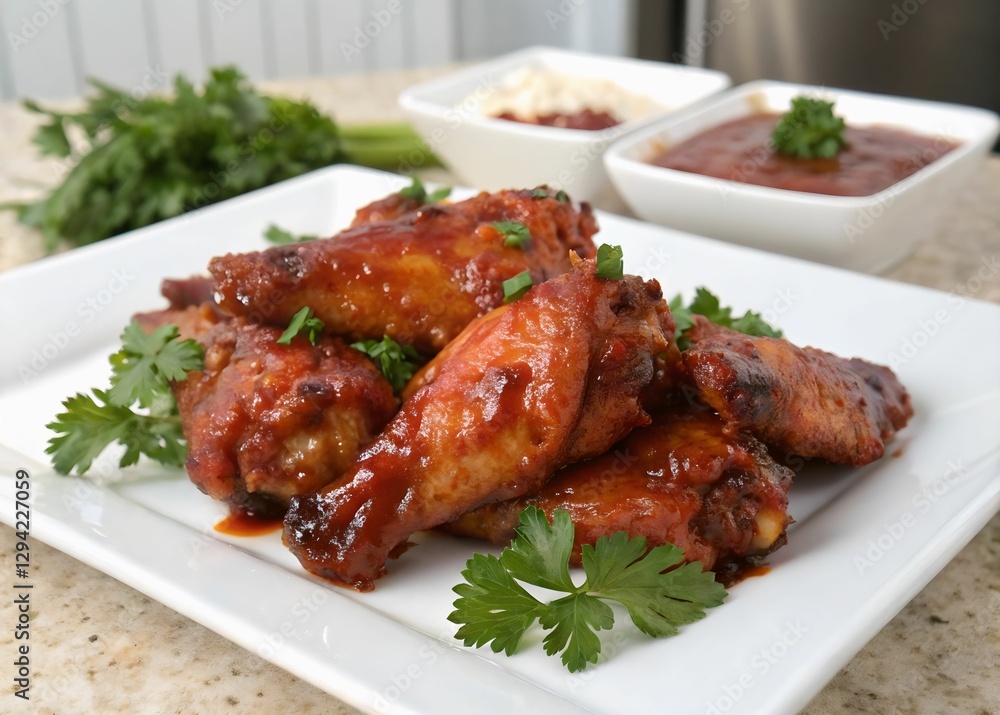 A plate of glossy, golden-brown chicken wings garnished with fresh cilantro leaves. Accompanying the wings are two bowls of dipping sauces, one of which is a vibrant red. The background is slightly bl A plate of glossy, golden-brown chicken wings garnished with fresh cilantro leaves. Accompanying the wings are two bowls of dipping sauces, one of which is a vibrant red. The background is slightly bl