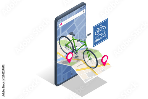 Bike rental. An isometric, vector illustration of an orange city bike atop a smartphone map interface with a large Rent button, symbolizing a bike rental app