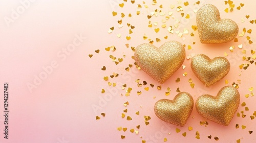 Golden hearts intertwined with sparkling glitter rest gently over a pastel gradient background, fading from light pink to soft peach.