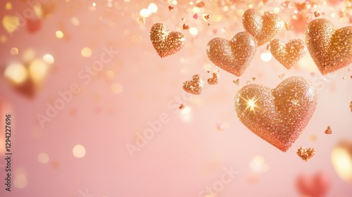 Golden hearts, intertwined with sparkling glitter, float gracefully over a soft pastel gradient background of light pink and peach. The design creates a warm and inviting atmosphere