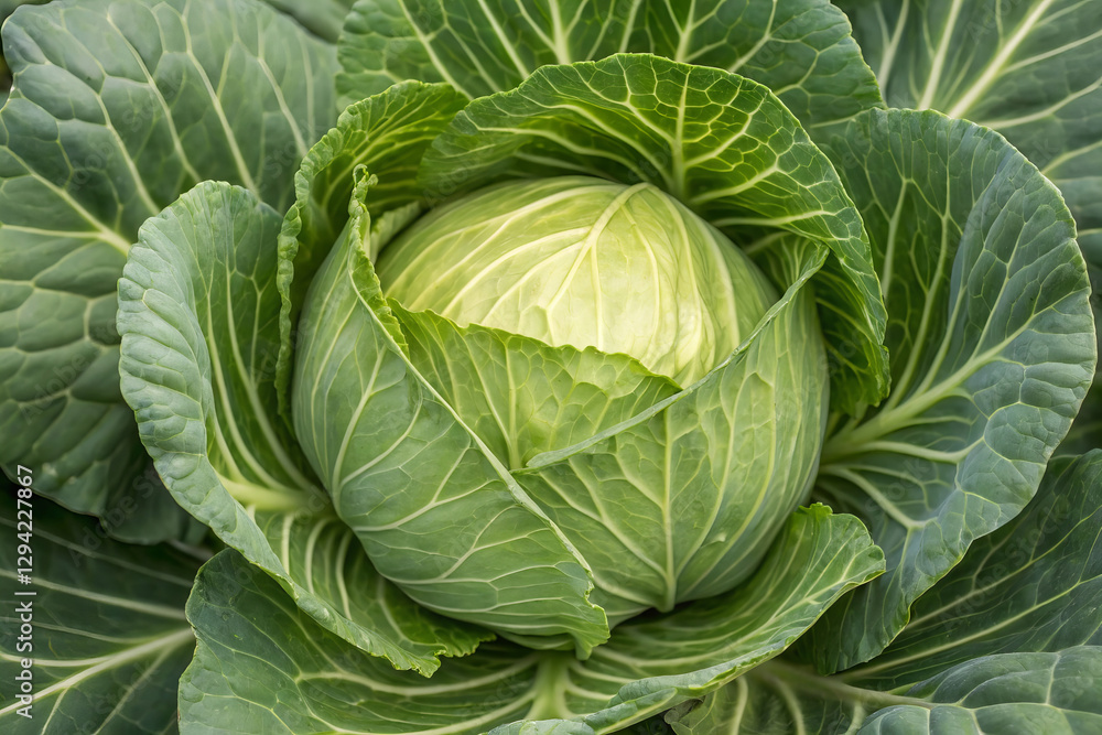 Fototapeta premium close up of perfectly round cabbage head nestled among vibrant green leaves, showcasing its intricate texture and natural beauty