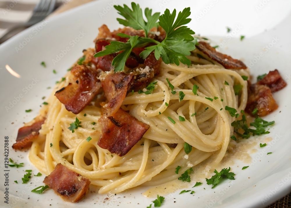 A close-up of a plate of creamy pasta topped with crispy bacon slices and garnished with fresh parsley. The plate is placed on a surface, and there's a fork beside it, suggesting that this is a meal r A close-up of a plate of creamy pasta topped with crispy bacon slices and garnished with fresh parsley. The plate is placed on a surface, and there's a fork beside it, suggesting that this is a meal r