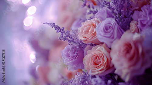 A close-up shot of the floral arrangements on display at an elegant purple wedding ceremony decor
