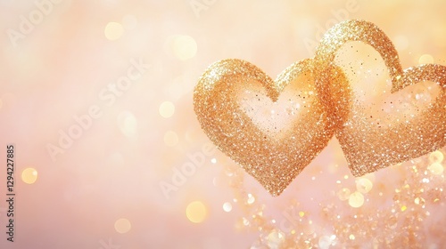 Golden hearts, intertwined with sparkling glitter, float gracefully over a soft pastel gradient background of light pink and peach. The design creates a warm and inviting atmosphere