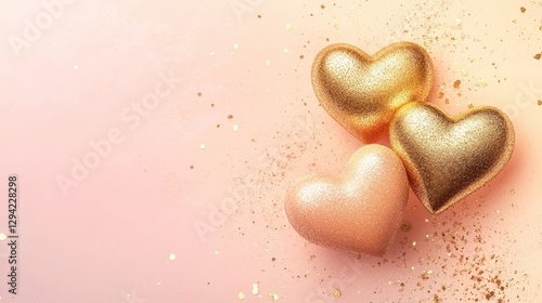 Intertwined golden hearts, enhanced with soft glittering sparkles, float over a delicate pastel gradient of light pink and peach.
