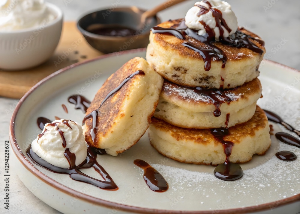 A plate of fluffy, golden-brown pancakes topped with a generous dollop of whipped cream and drizzled with a rich, dark chocolate sauce. The plate is set on a wooden surface, and the background is slig