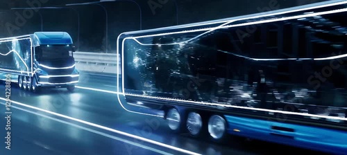 Futuristic autonomous electric truck navigating highway at night with digital interface