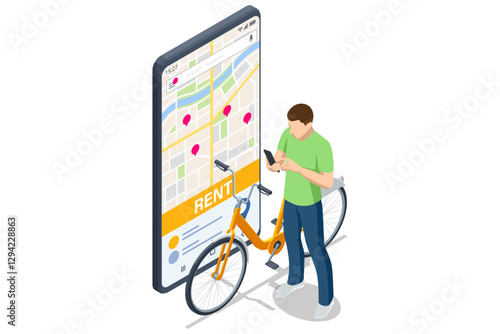 Bike rental. An isometric, vector illustration of a man using a phone app in front of a giant map screen labeled Rent, next to his orange bicycle, ready for a shared ride