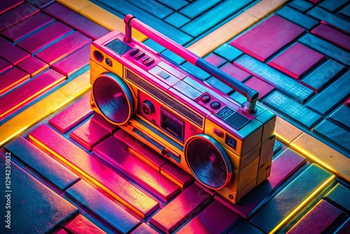 Neon Boombox Aerial View: Vibrant 80s Retro Stereo, Blue & Red Stripes