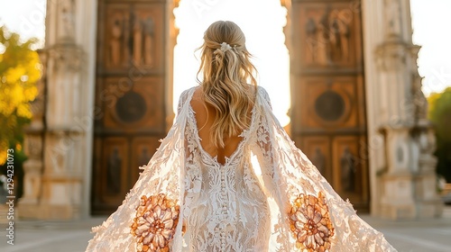 Beautiful bride stands before large church doors in sunlight