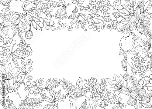 an elegant line art square frame adorned with Pomegranate Garnet leaf and flowers. Red Pomegranate garnet fruit vector illustration.