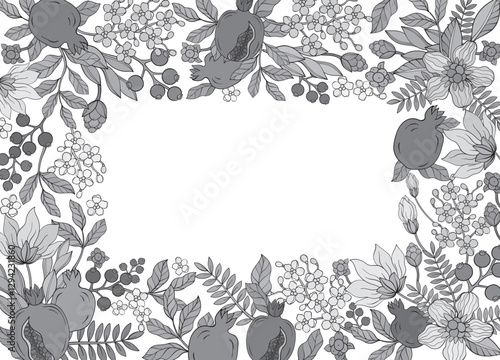 monochrome elegant square frame adorned with Pomegranate Garnet leaf and flowers. Red Pomegranate garnet fruit vector illustration.