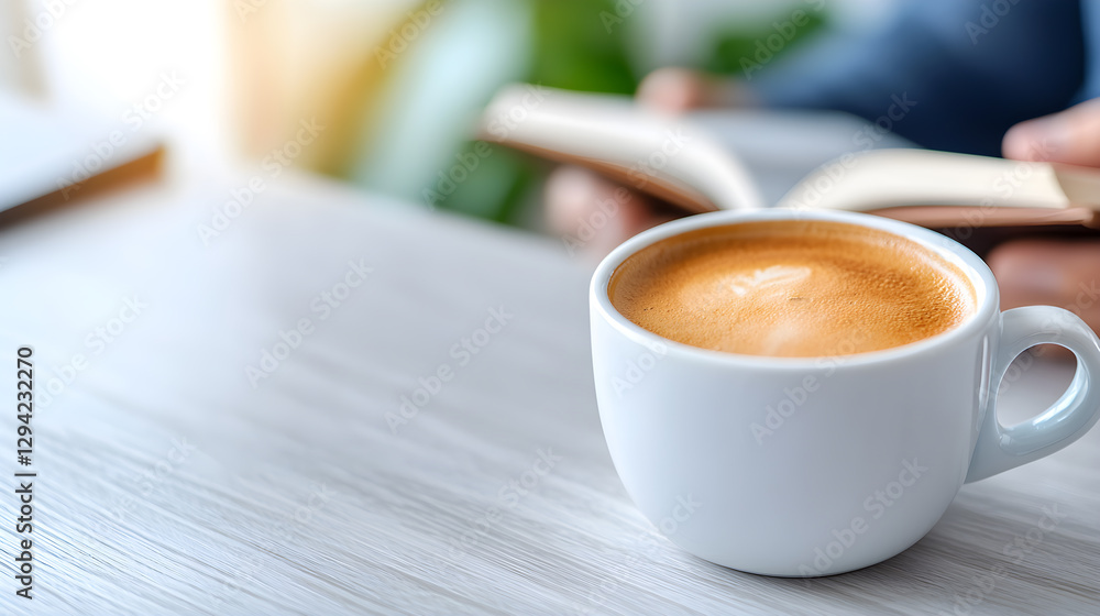 A person is reading a book while holding a cup of coffee A person is reading a book while holding a cup of coffee