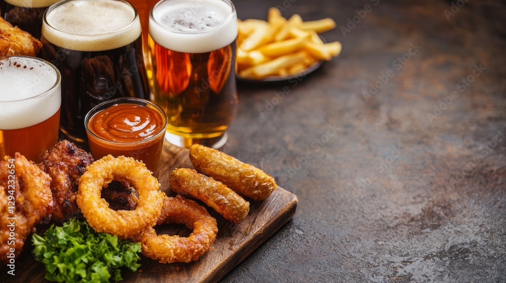 A delicious assortment of beers paired with crispy snacks including onion rings, sausages, and fries on a rustic wooden platter. A delicious assortment of beers paired with crispy snacks including onion rings, sausages, and fries on a rustic wooden platter.