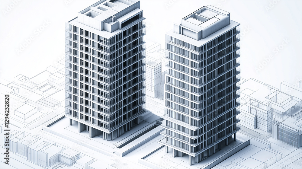 A photorealistic 3D architectural model of two high-rise buildings in an isometric perspective, displaying intricate facade designs and concrete structures in varying shades of gray A photorealistic 3D architectural model of two high-rise buildings in an isometric perspective, displaying intricate facade designs and concrete structures in varying shades of gray