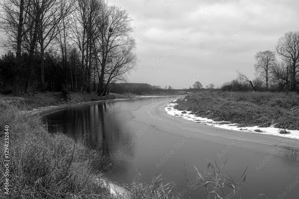 Odwilż nad rzeką Narew, Podlasie, Polska