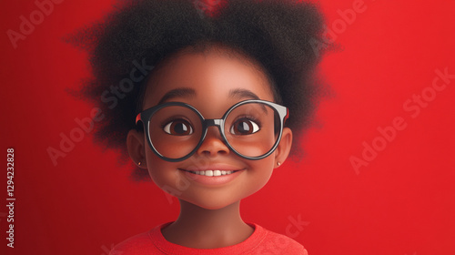 Animated young girl with glasses, curly hair, and a red t-shirt poses against a solid red backdrop. Smiling and making eye contact. photo