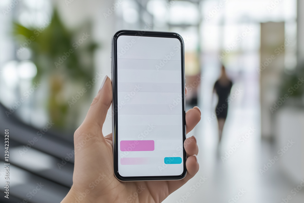 person holding smartphone with blank screen in modern indoor setting, showcasing blurred background of fitness center. image conveys sense of technology and communication person holding smartphone with blank screen in modern indoor setting, showcasing blurred background of fitness center. image conveys sense of technology and communication
