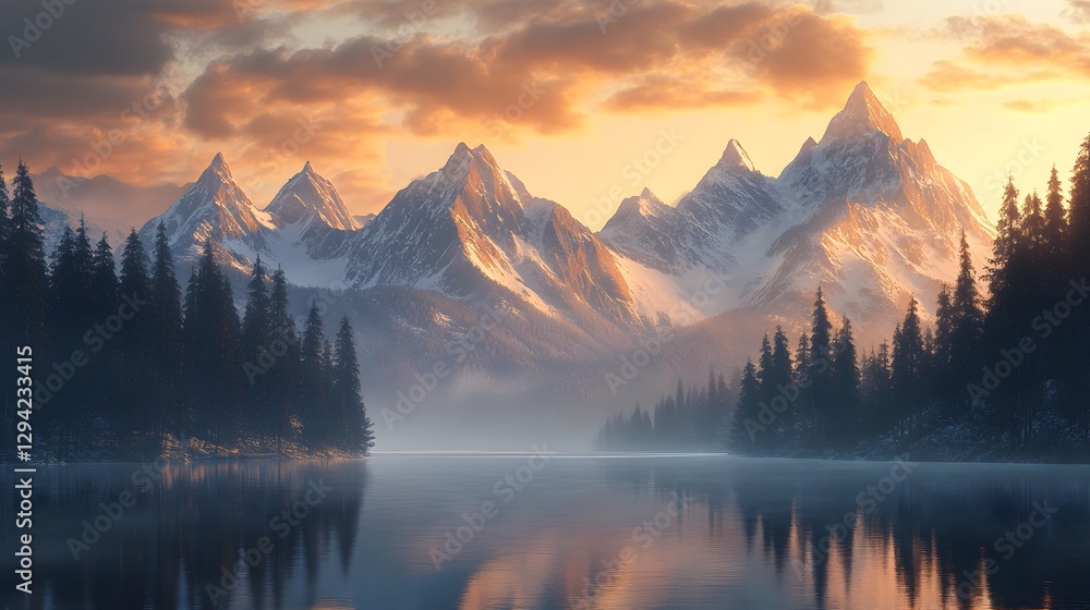 Fototapeta premium Majestic snow-capped mountains at sunrise glowing with golden light, emphasizing breathtaking natural scenery