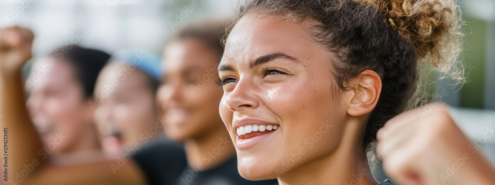 Empowered woman celebrating with group of diverse friends during outdoor fitness challenge, showcasing teamwork and enthusiasm Empowered woman celebrating with group of diverse friends during outdoor fitness challenge, showcasing teamwork and enthusiasm