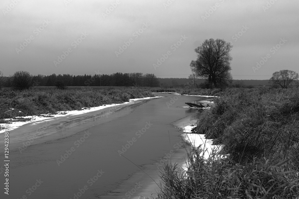 Odwilż nad rzeką Narew, Podlasie, Polska