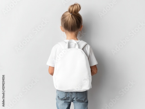 kids backpack mockup. A child with a bun hairstyle wearing a white backpack, standing against a gray wall.
