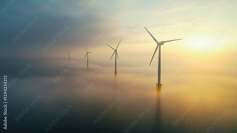 Fototapeta premium Aerial view of offshore wind farm at sunrise, turbines emerging from ocean mist, Renewable resources, sustainable development, and environmental protection