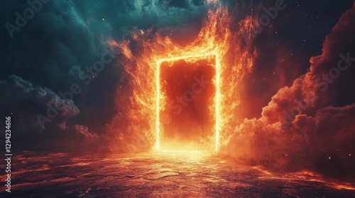 Portal opening with glowing energy swirls, leading to another world. 