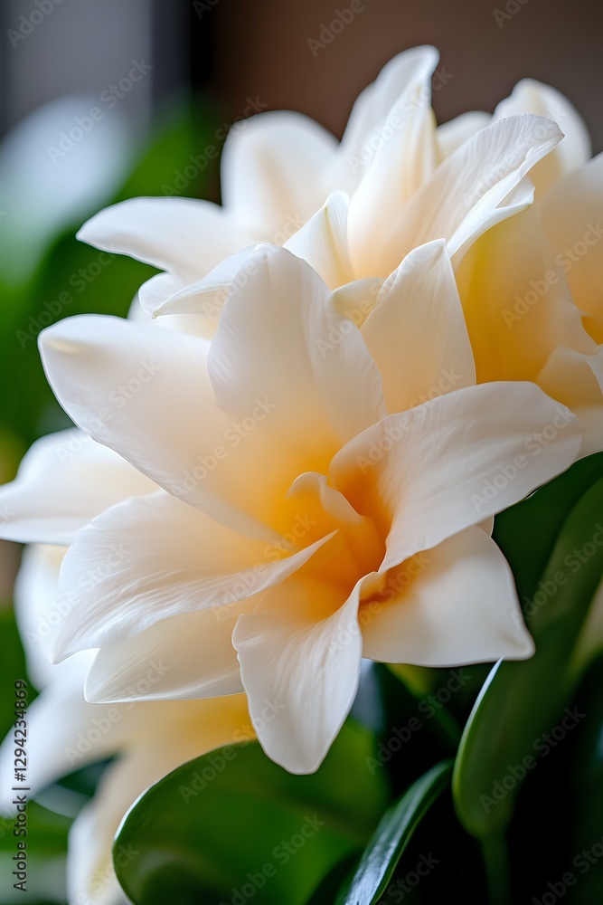 Fototapeta premium Delicate cream-colored double daffodil bloom with soft orange center against blurred green background, captured in macro photography with selective focus.
