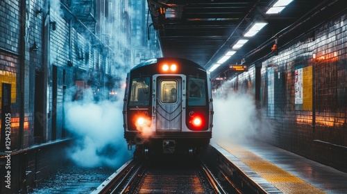 Subway train arriving at a station, with steam and sparks.