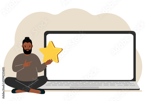 Online feedback, customer experience, user satisfaction concept. Man giving star rating online using laptop. Positive feedback, business survey. Isolated vector illustration