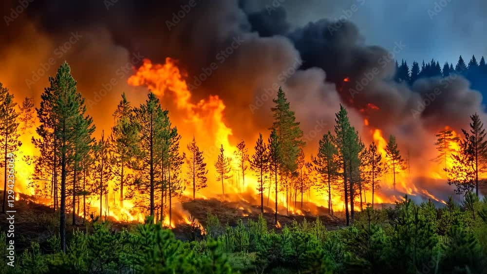 Intense Forest Fire with Flames and Smoke Engulfing Trees in Woodland Area Intense Forest Fire with Flames and Smoke Engulfing Trees in Woodland Area