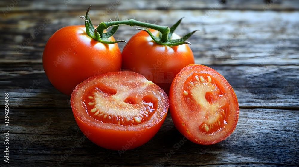 Juicy Red Tomatoes on Rustic Wooden Table Juicy Red Tomatoes on Rustic Wooden Table
