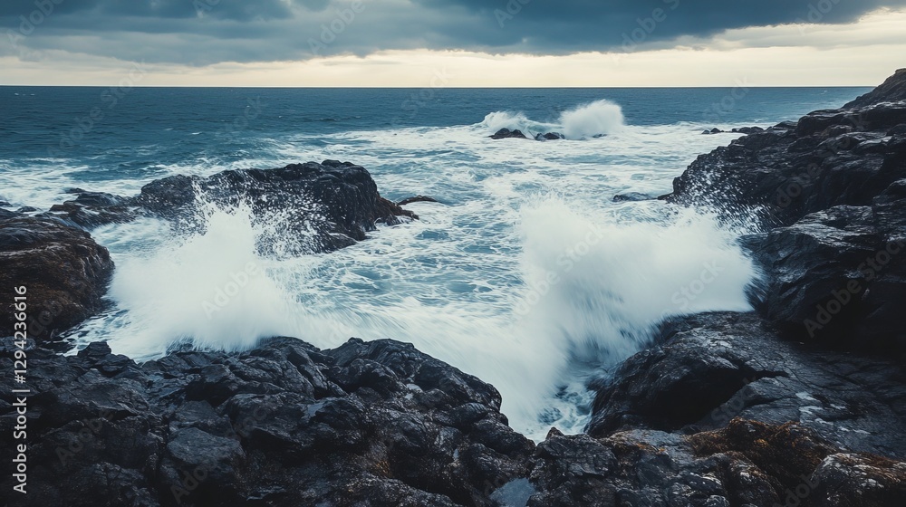 Waves crashing on a rocky shore, perfect for cinematic landscape shots. Waves crashing on a rocky shore, perfect for cinematic landscape shots.