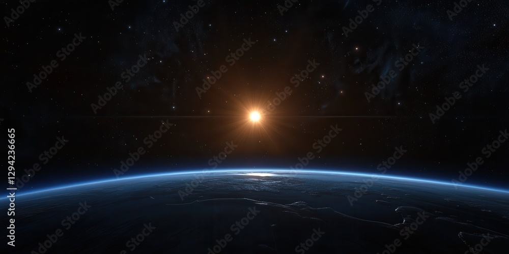Fototapeta premium Glorious sunrise over earth with starry space background.