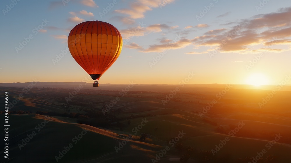 Obraz premium Sunset hot air balloon ride over rolling hills.
