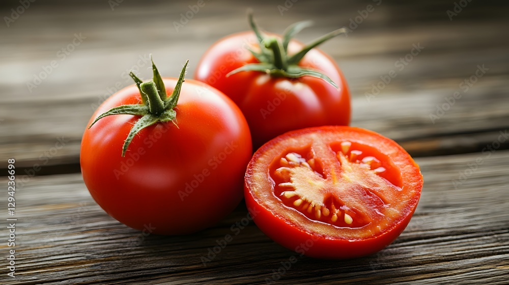 Juicy Red Tomatoes on Rustic Wooden Table Juicy Red Tomatoes on Rustic Wooden Table