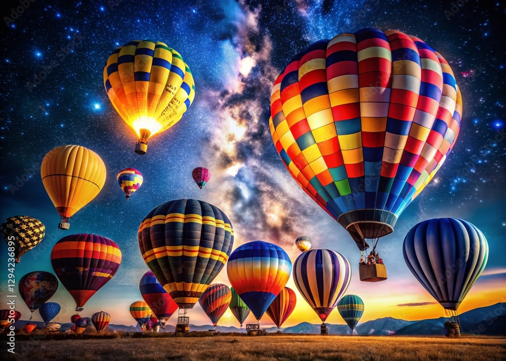Obraz premium Night Hot Air Balloon Festival: Glowing Balloons Ascending Above Dark Landscape