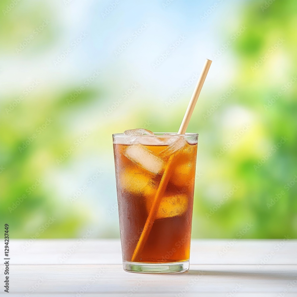 Refreshing Iced Tea in Glass with Ice Cubes and Straw Refreshing Iced Tea in Glass with Ice Cubes and Straw